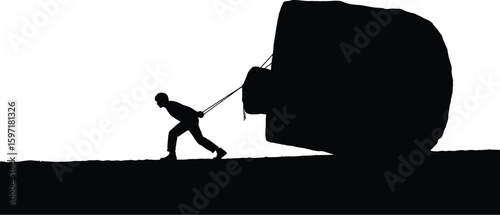 Vector art of a determined man is pushing a large rock uphill, showcasing the struggle and effort required to overcome challenges, 