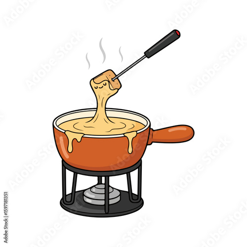 Cartoon fondue pot with melted cheese skewer, a little steam on top, symbol of Swiss National Day. Vector flat design cartoon. AI generated images.