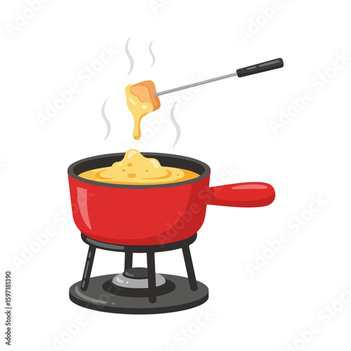 Cartoon fondue pot with melted cheese skewer, a little steam on top, symbol of Swiss National Day. Vector flat design cartoon. AI generated images.