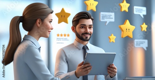 Customer Review and Five-Star Rating Concept – Hand Pressing Star Icon for Positive Feedback on Digital Interface.
