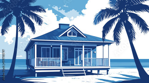 Beachfront blue house with palm trees tropical coastal vacation scene