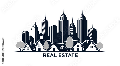 Cityscape with residential homes and skyscrapers representing real estate