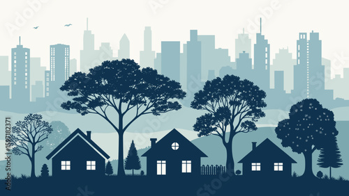 Suburban homes nestled against a distant city skyline silhouette