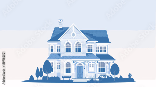 Charming blue two-story house with porch and trees