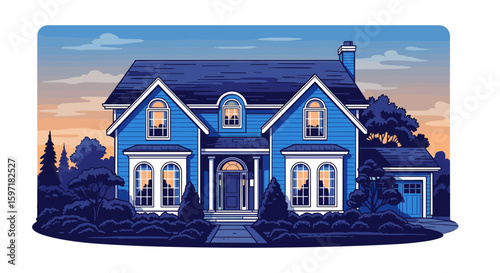 Charming blue house with garage and manicured lawn at dusk