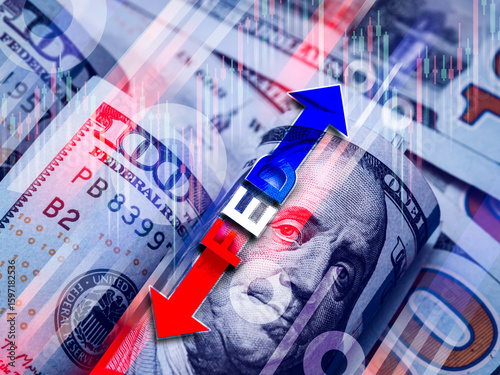 Papier peint Text FED with up and down arrows, percentage icon and stock chart overlay over 100 US dollar bills background