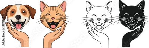 Cartoon dog and cat heads held in hands vector illustration for pet adoption and animal rescue concept