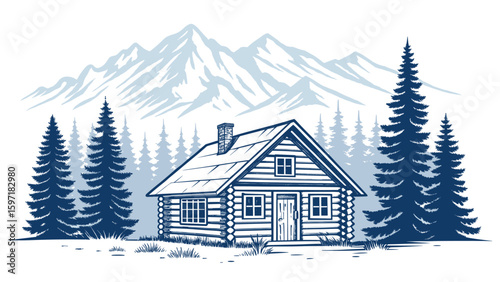 Rustic log cabin nestled among pine trees with snow-capped mountains in the background.