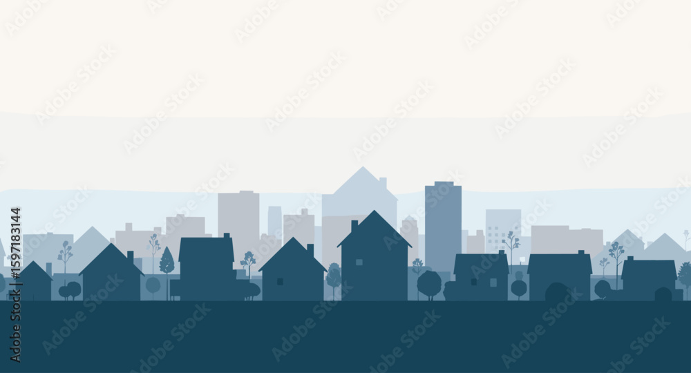 Obraz premium Suburban neighborhood skyline with houses and distant city buildings under a gradient sky