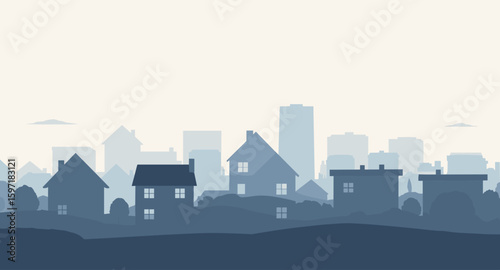 Suburban neighborhood silhouette with distant city skyline under a pale sky