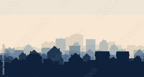 Serene suburban skyline at dawn with layered houses and bare trees in soft, hazy light