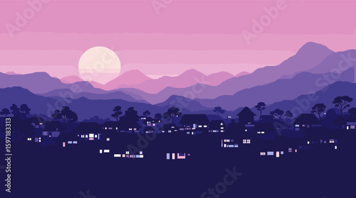 Serene mountain village at dusk with illuminated homes and a soft purple sky