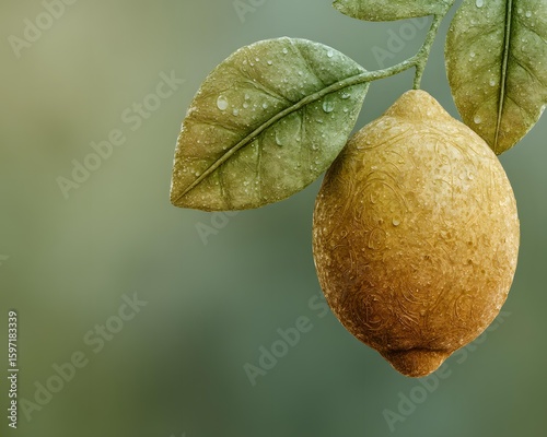 Vibrant 3D Lemon with Glistening Dew Droplets on a Branch Surrounded by Lush Green Leaves in Soft Focus Background