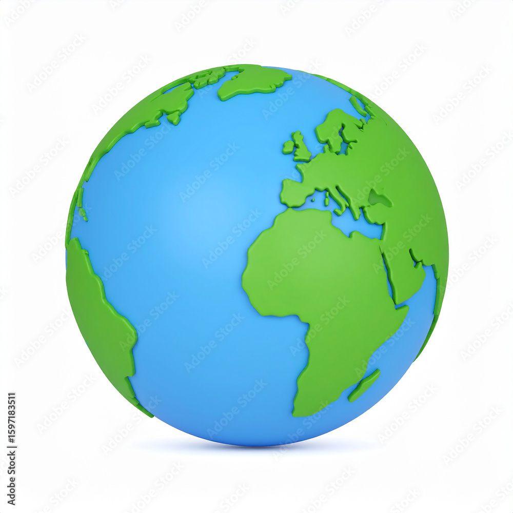 Fototapeta premium Blue and green 3 D globe showing continents on white background earth world