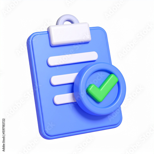 Blue clipboard with white paper and green checkmark in blue circle checklist task