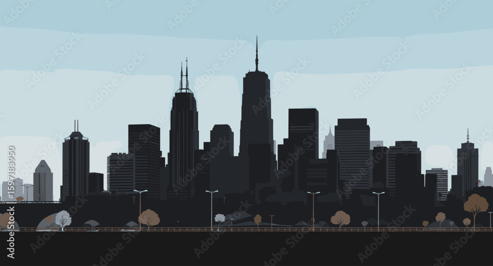Obraz premium Modern cityscape silhouette with skyscrapers and urban park elements under a clear sky.