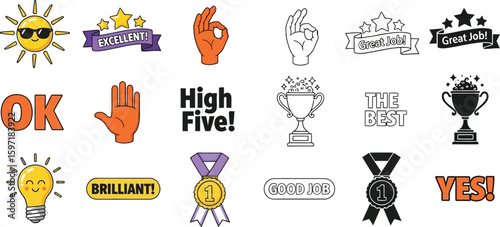 Success stickers set vector illustration good job excellent brilliant high five ok yes the best