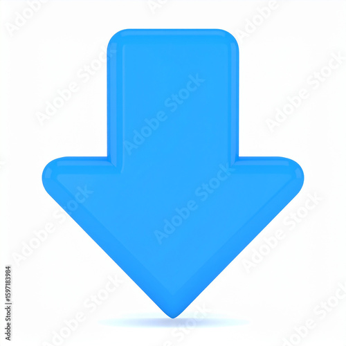Bright blue 3 D arrow pointing downwards on a white background down arrow direction