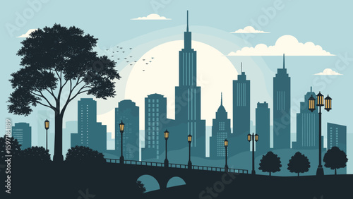 Iconic cityscape silhouette with a large tree and illuminated street lamps at twilight