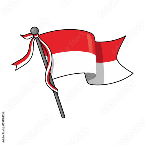 A cartoon of a Indonesian  flag waving, with a red and white ribbon wrapped around its pole. Symbolizing Indonesian Independence Day. Vector flat design cartoon. AI generated images. 