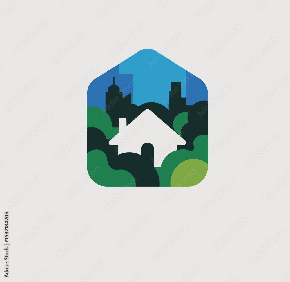 Obraz premium Stylized house icon nestled within a vibrant urban landscape and green foliage