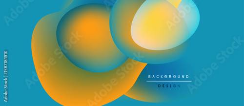 Abstract shapes overlap, creating vibrant color gradients. Blue backdrop complements orange, yellow hues. Modern design element.
