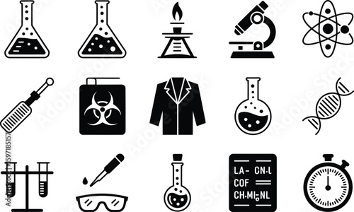 Collection of science and laboratory equipment icons silhouette
