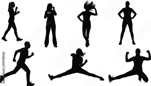 Vector art of silhouette of a woman in various fitness poses and exercises,