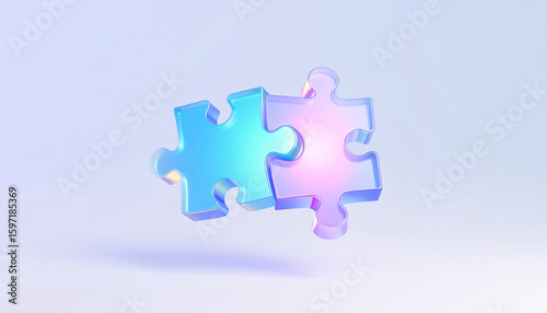 Two iridescent puzzle pieces connecting on a light blue background jigsaw connection