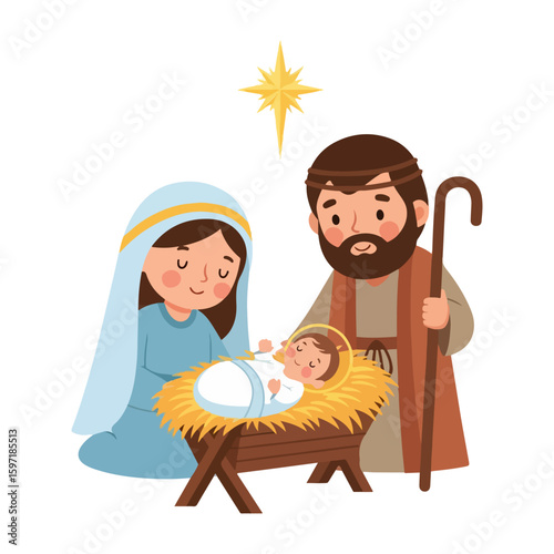 Cartoon of baby Jesus in a manger and with Mother Mary and Saint Joseph beside him, cute flat design vector. AI generated images.	
