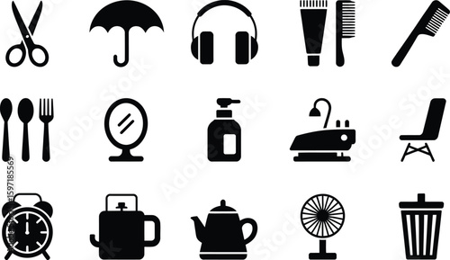 Collection of everyday objects icons silhouette
