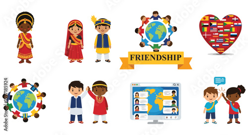 International Friendship Day 2025: Global Kids and Cultural Diversity. Collection of diverse children, symbols, and elements representing worldwide friendship.