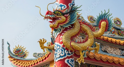 Wallpaper Mural A colorful Chinese dragon statue wraps around a red pillar on a traditional roof against a clear sky Torontodigital.ca