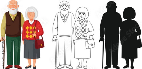 Old couple vector illustration of senior people in different styles cartoon outline and silhouette design