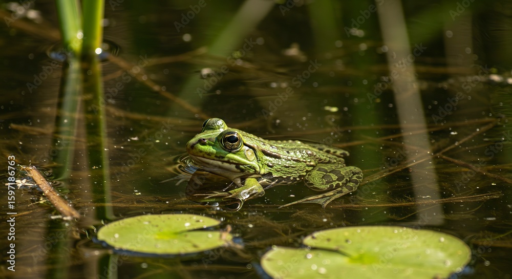 Fototapeta premium A green frog sits in still water surrounded by lily pads and reeds in a natural setting