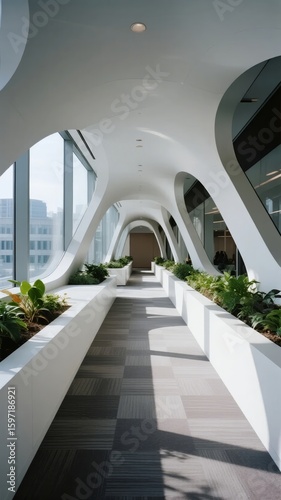 Modern Indoor Walkway with Curved Architecture and Greenery