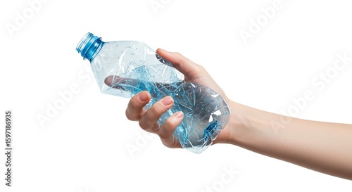 A hand crushes a bluetinted clear plastic water bottle set against a stark white background
