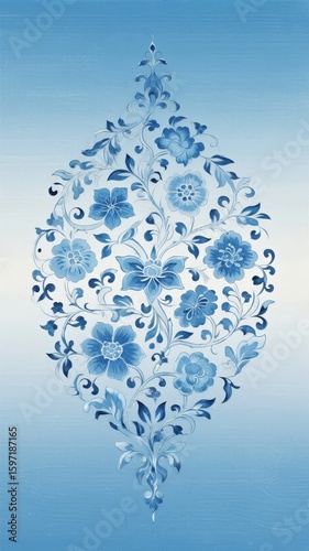 Blue Floral Ornament with Intricate Vine Patterns on a Gradient Background