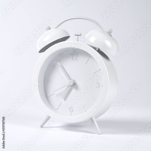 White twin bell alarm clock with round face and metal legs on white background time