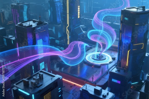 Futuristic Cityscape with Neon Lights and Swirling Energy Streams