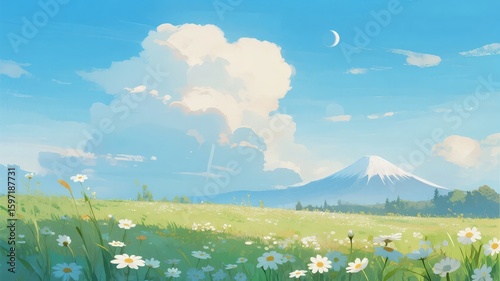 Serene Landscape with Mount Fuji, Wildflowers, and a Crescent Moon