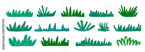 Hand drawn bushes and grass collection. Green crayon shrubbery set. Doodled shrub shapes bundle. Pencil sketched foliage elements. Scribbled cartoon green plants pack. Vector illustration