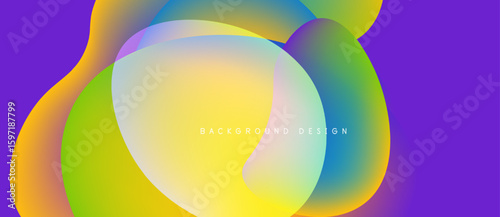 Abstract colorful shapes overlap, creating vibrant gradients. Purple background complements yellow, green hues. Modern design element.