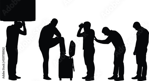 Vector art of silhouettes of men in various poses, including carrying a box, leaning on a suitcase, taking a photo, and showing sadness