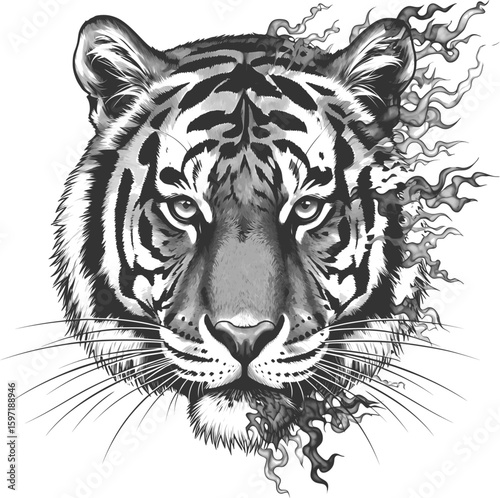 A detailed, black and white line art portrait of a tiger's face with a fierce expression.