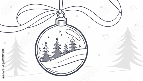 Christmas ornament with winter forest scene for coloring page or holiday decoration illustration