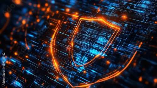 Glowing orange shield over blue circuit board pattern representing digital security concept art design