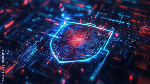 Digital shield on a circuit board with red and blue lights indicating secure data transmission flow