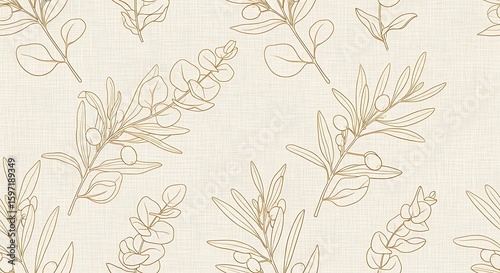 Wallpaper Mural Elegant botanical pattern with eucalyptus and olive branches on linen background for textiles Torontodigital.ca