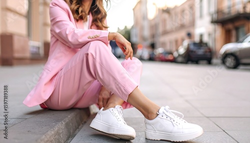 Woman in pink suit and white sneakers on city street